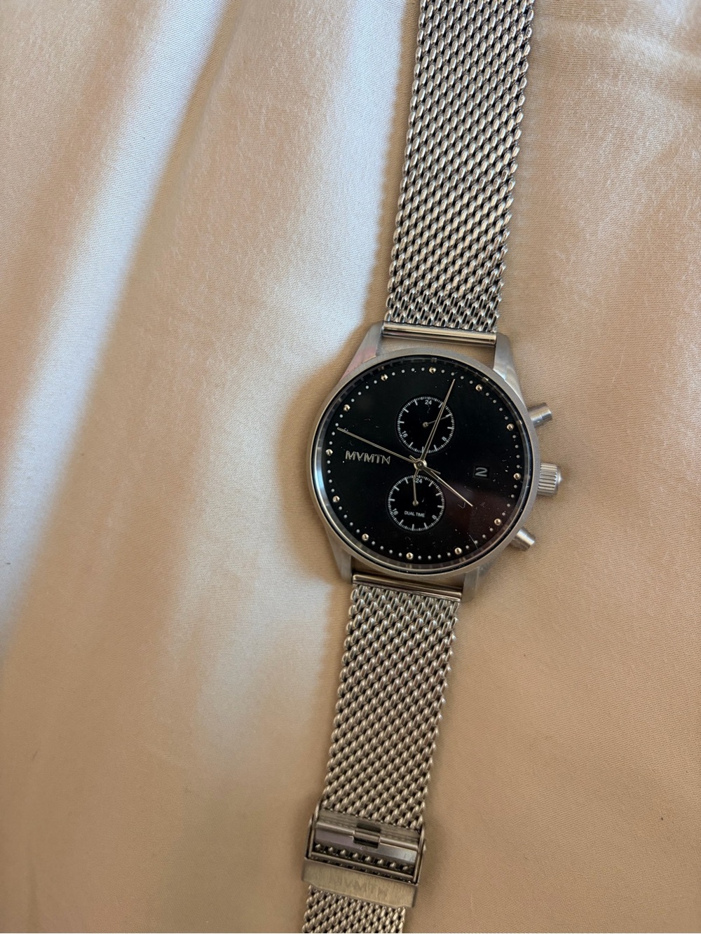MVMT Silver Mesh Watch with Black Dial and Chronograph